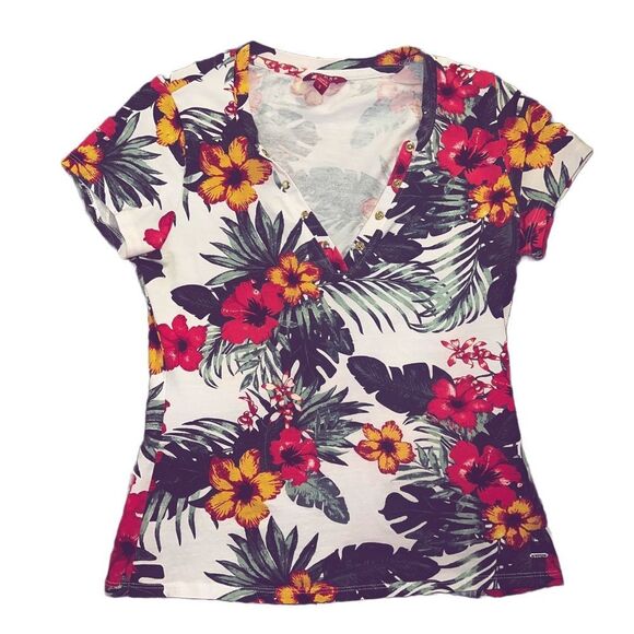 GUESS S of the shoulder white multi color floral print short sleeved v-neck top - Picture 1 of 3